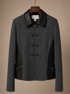 St. John Collection by Marie Gray Black White Tweed Leather Trim Jacket 12